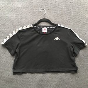 Kappa Black Cropped Top Athletic Workout Top Cotton Logo Stripes on Sleeves XS